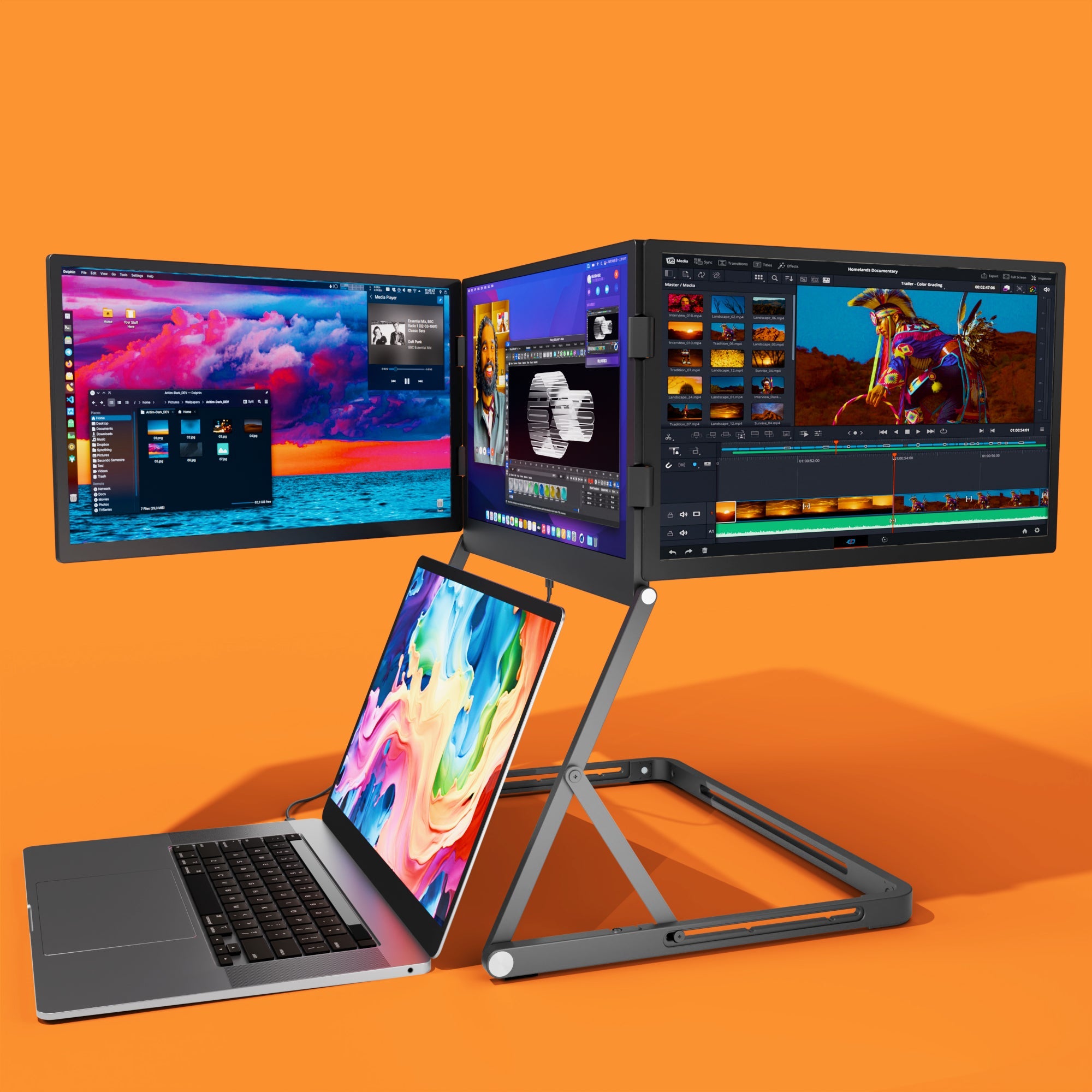 Lepow TriCreate Triple 15.6-inch portable laptop monitor with three foldable Full HD IPS screens connected to a MacBook, ideal for multitasking and productivity.
