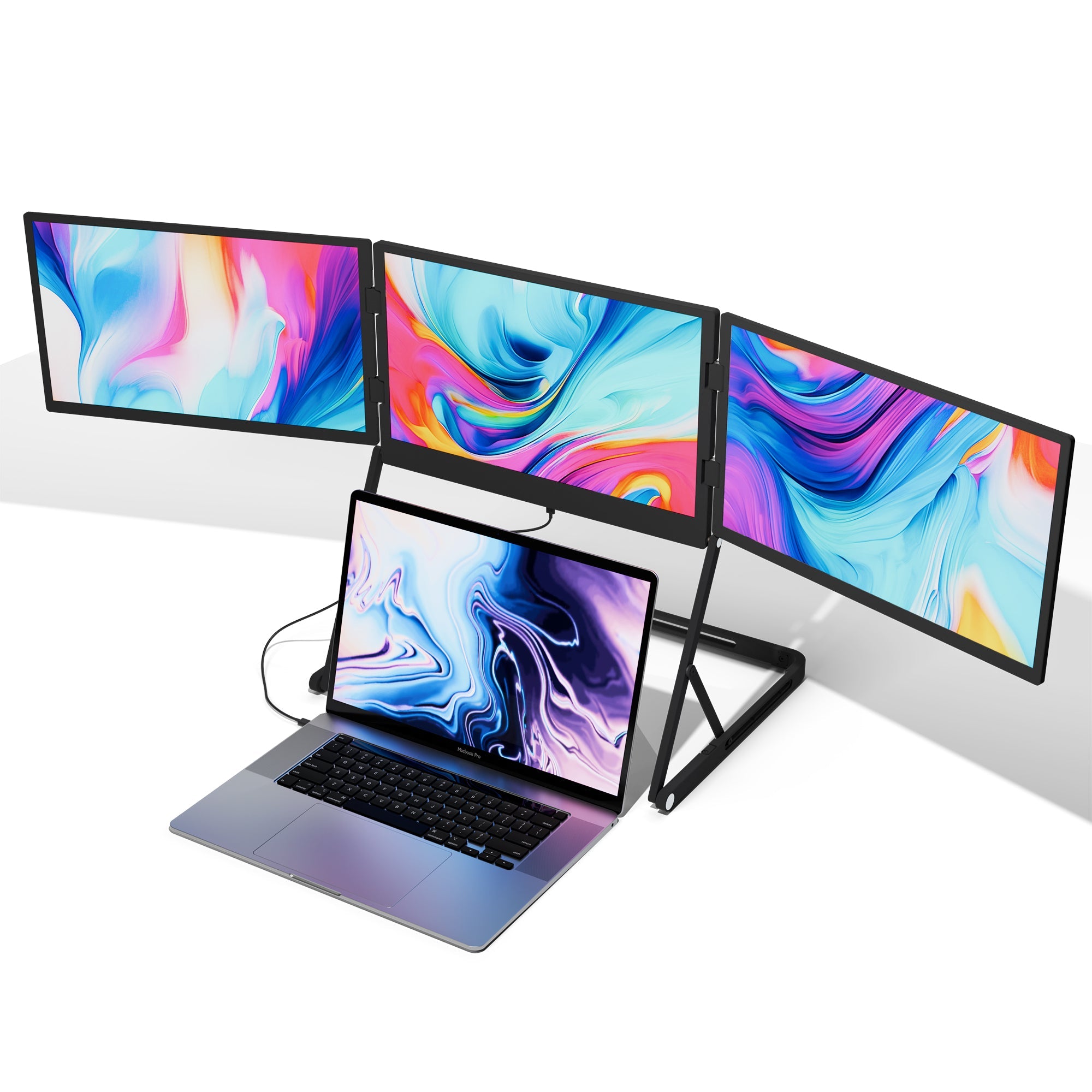 Lepow TriCreate Triple 15.6-inch portable laptop monitor with three foldable Full HD IPS screens connected to a MacBook, ideal for multitasking and productivity.