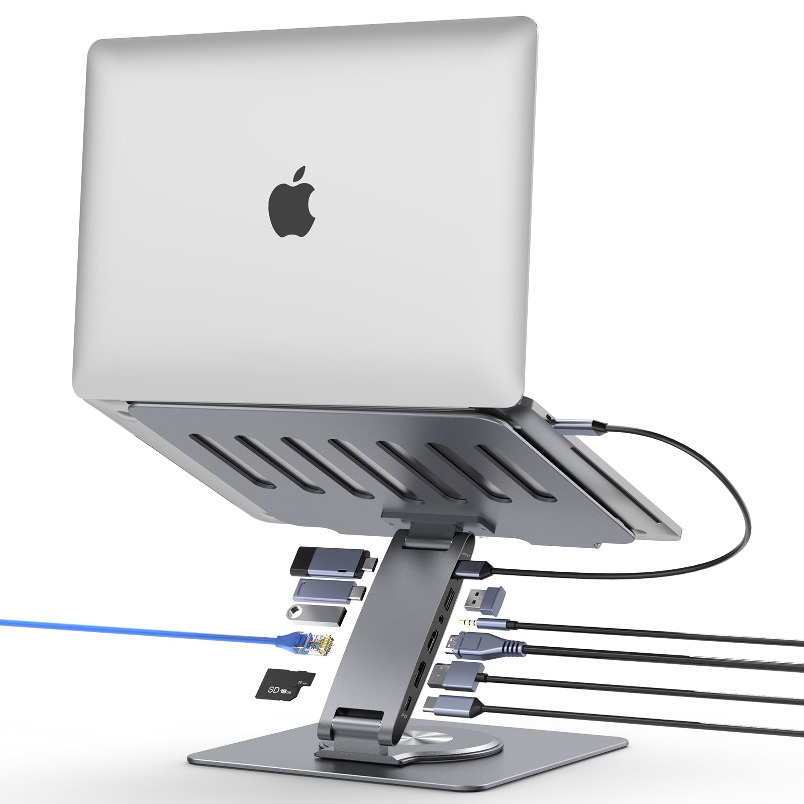 Lepow DockMate S 11-in-1 USB-C docking station and sturdy aluminum laptop stand, displayed with a laptop connected to HDMI, Ethernet, multiple USB ports, SD card, and power delivery—universal compatibility for MacBook, Dell, HP, Surface, and more.