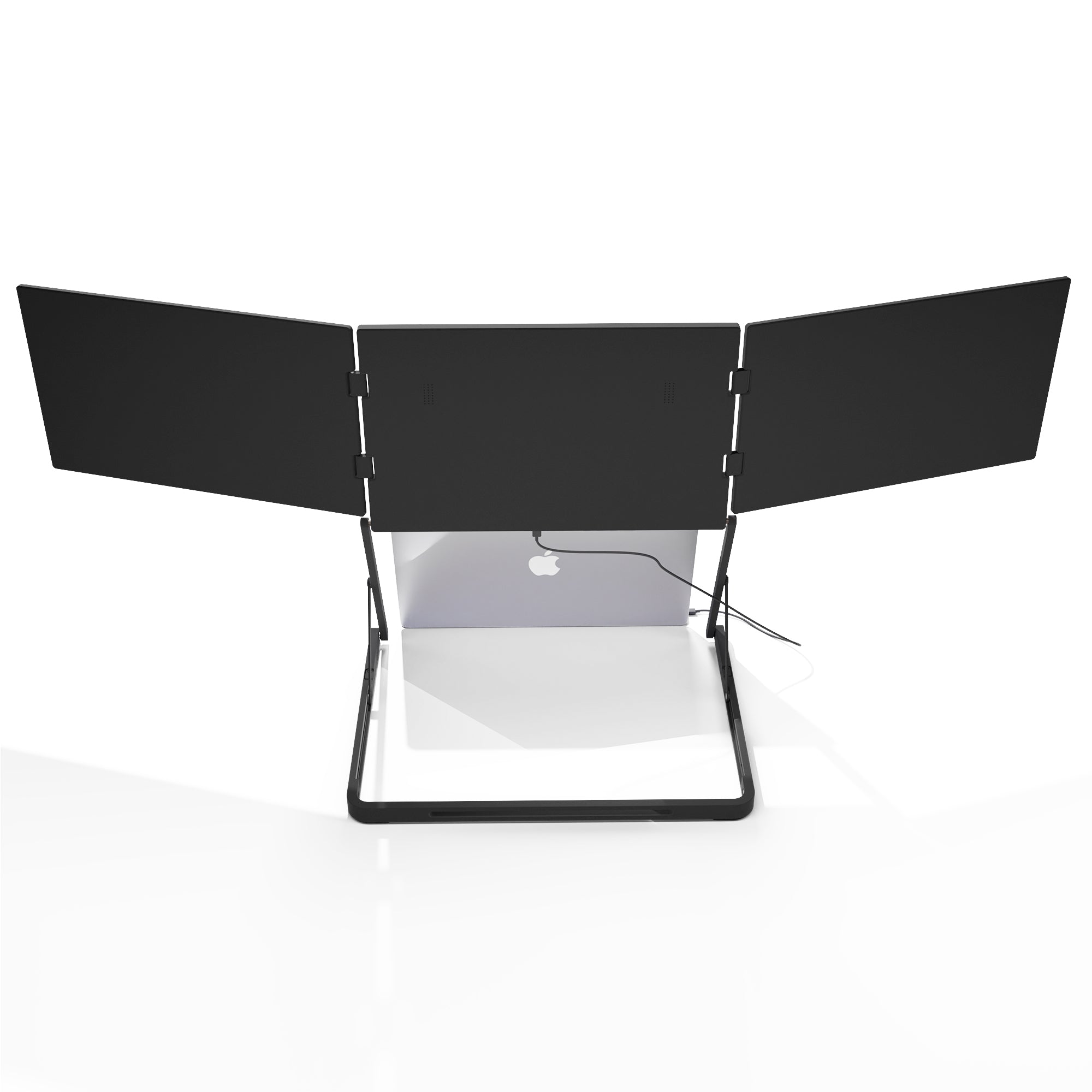 Lepow TriCreate Triple 15.6-inch portable laptop monitor with three foldable Full HD IPS screens connected to a MacBook, ideal for multitasking and productivity.