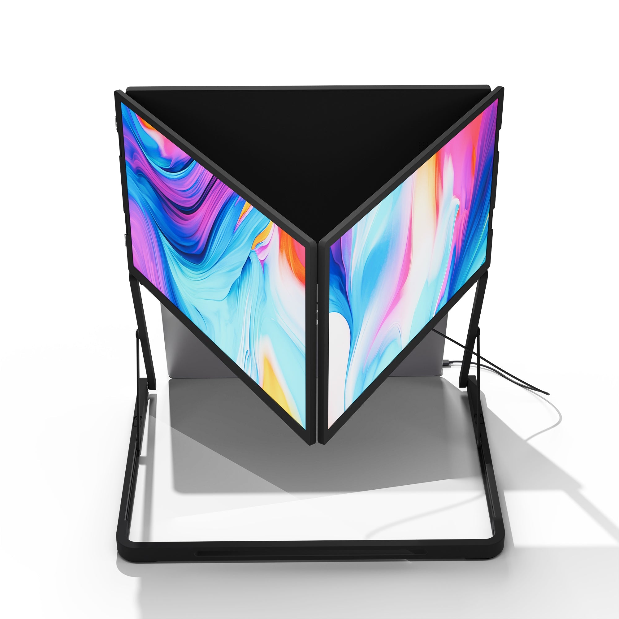 Lepow TriCreate Triple 15.6-inch portable laptop monitor with three foldable Full HD IPS screens connected to a MacBook, ideal for multitasking and productivity.