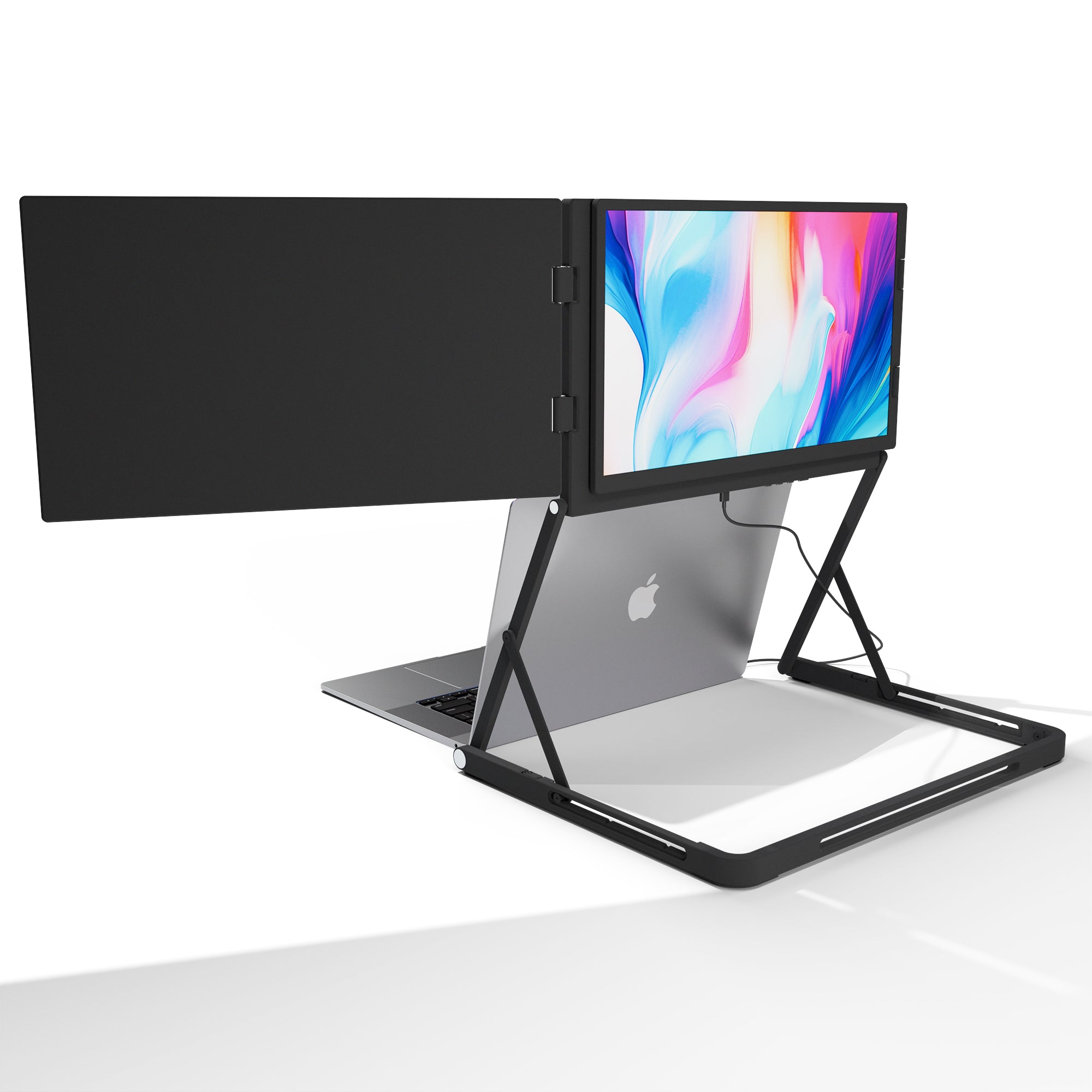 Lepow TriCreate Triple 15.6-inch portable laptop monitor with three foldable Full HD IPS screens connected to a MacBook, ideal for multitasking and productivity.