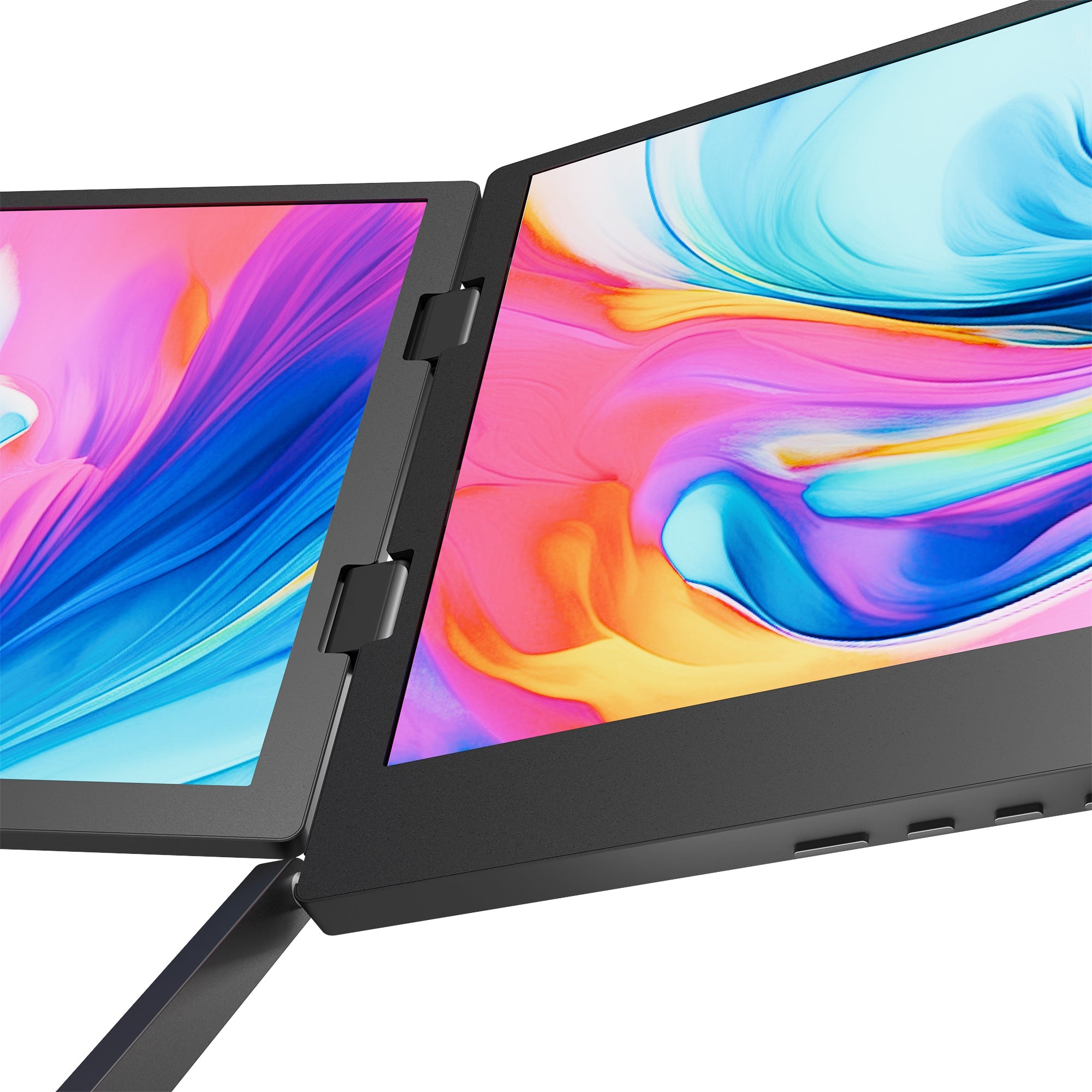 Lepow TriCreate Triple 15.6-inch portable laptop monitor with three foldable Full HD IPS screens connected to a MacBook, ideal for multitasking and productivity.